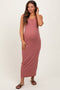 Burgundy Striped Button Front Sleeveless Maternity Maxi Dress
