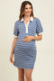Blue Striped Ribbed Texture Polo Maternity Dress