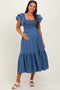 Blue Chambray Smocked Flutter Sleeve Maternity Dress