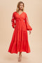 Red Embroidered Long Sleeve Maxi Dress