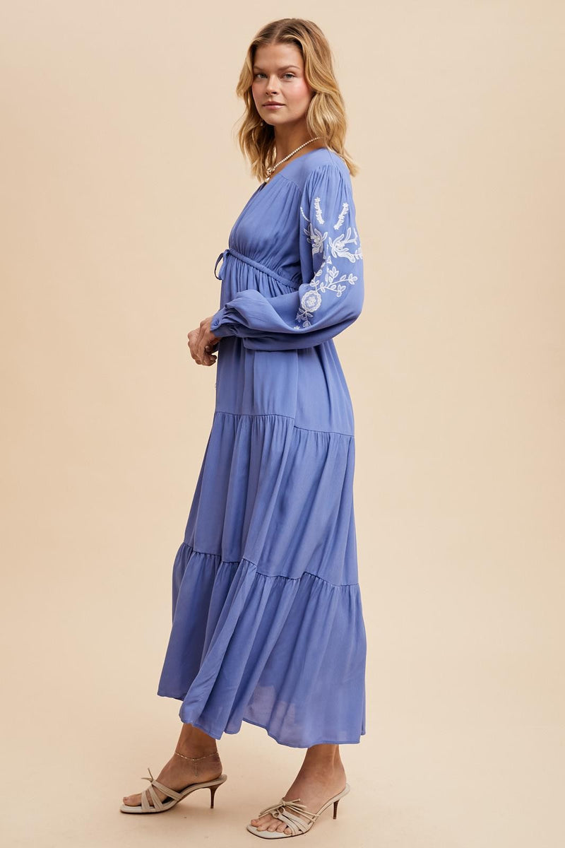 Blue Embroidered Long Sleeve Maxi Dress – PinkBlush
