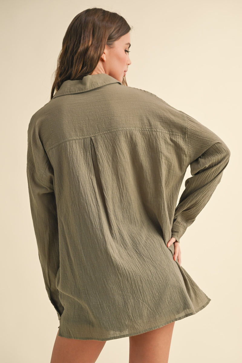 Olive Green Cotton Flax Relaxed Full Sleeve Button-Down Shirt