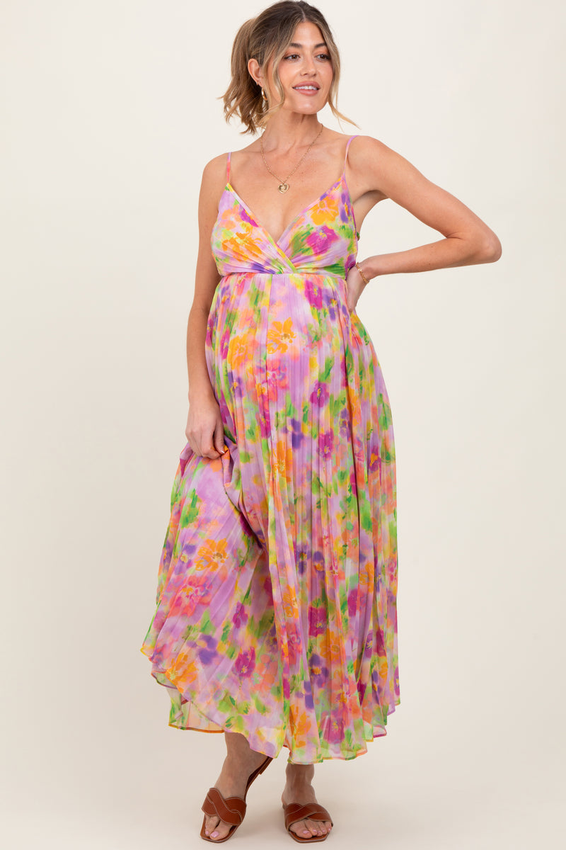Lilac Floral Pleated Open Back Maternity Maxi Dress – PinkBlush