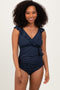 Navy Rib Ruffle V Neck Side Tie Knot Swimsuit