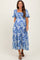 woman wearing a blue floral maternity dress with puff sleeves and a gathered bodice, highlighting her baby bump