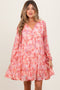 Pink Floral Chiffon Babydoll Long Sleeve Maternity Dress