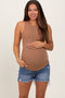 Blue Fringe Hem Side Slit Maternity Denim Shorts