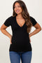 Black Solid Ribbed Short Sleeve V-Neck Basic Maternity Top