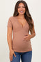 Mocha Solid Ribbed Short Sleeve V-Neck Basic Maternity Top