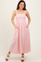 Light Pink Smocked Embroidered Bust Textured Midi Dress