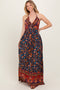 Navy Floral Colorblock Halter Tie Back Maxi Dress