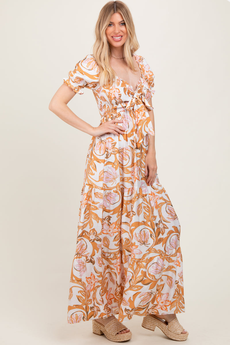 TAUPE FLORAL DETAIL SMOCK DRESS