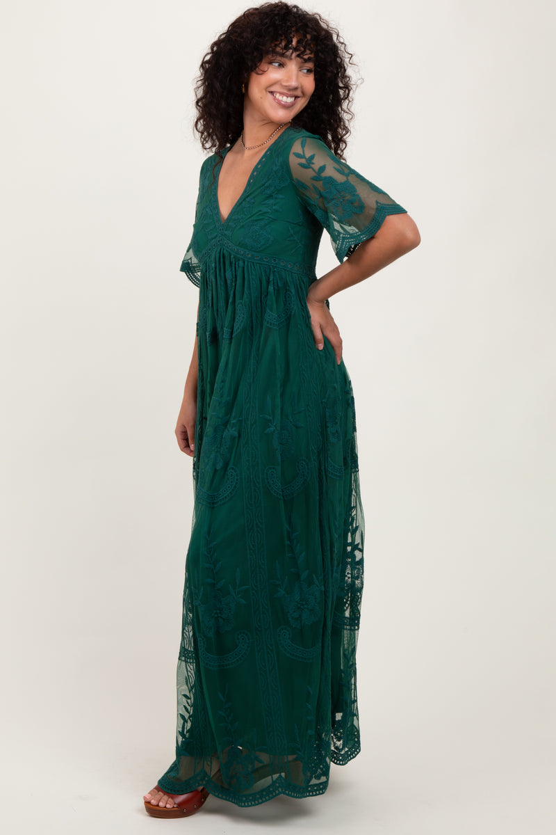 Spring Mesh Patched Design Long Sleeve Green Dress