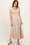Beige Square Neck Smocked Top Criss Cross Back Tie Maxi Dress
