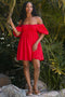 Red Eyelet Lace Puff Sleeve Mini Dress