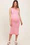 Light Pink Striped Knit Sleeveless Ruffle Hem Maternity Midi Dress