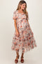 Peach Floral Mesh Sweetheart Neck Maternity Midi Dress