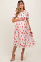 Light Pink Floral Smocked V-Neck Maternity Midi Dress