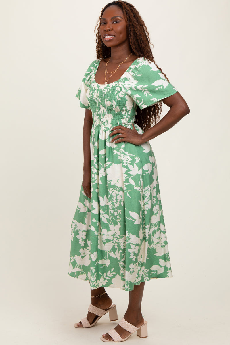 Green Floral Smocked Short Sleeve Midi Dress – PinkBlush