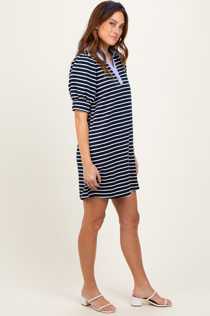 Navy Striped Collared Puff Sleeve Dress – PinkBlush