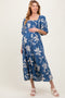 Blue Smocked Puff Sleeve Maternity Midi Dress