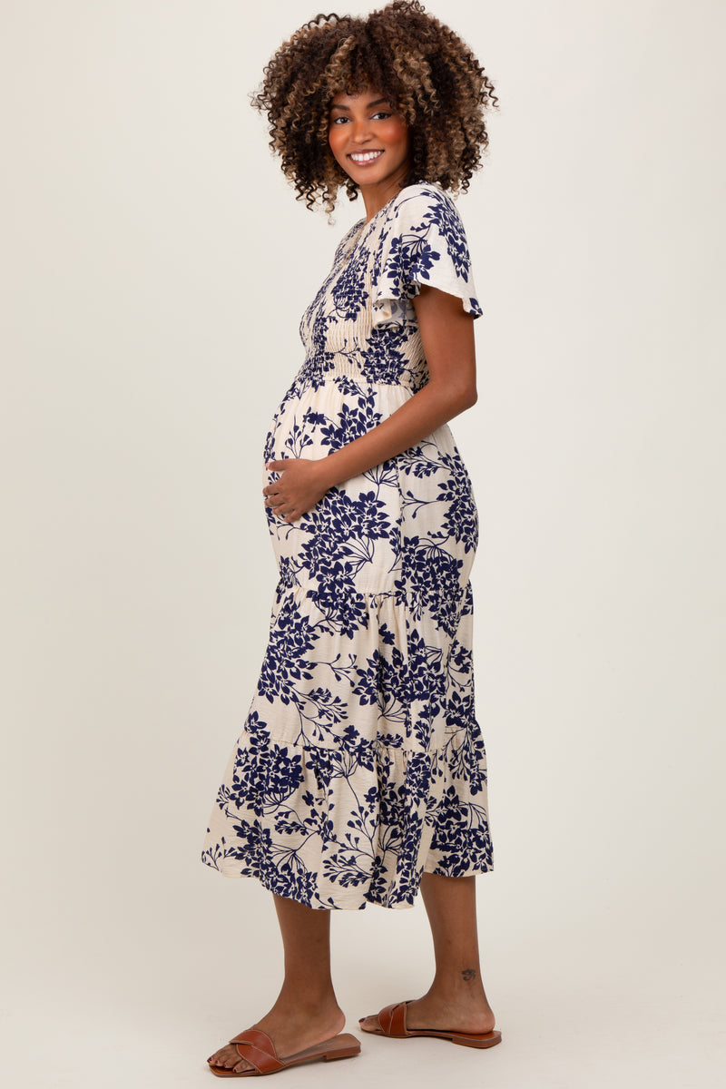 Maternity Plunging Neck Butterfly Sleeve Ruffle Hem Dress