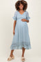 Light Blue Smocked Crochet Ruffle Trim Maternity Midi Dress