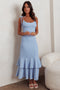 Blue Textured Shoulder Tie Layered Hem Maxi Dress
