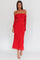 woman wearing a red off-the-shoulder midi dress with long sleeves and fitted silhouette