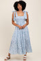 Light Blue Floral Striped Smocked Shoulder Tie Maxi Dress