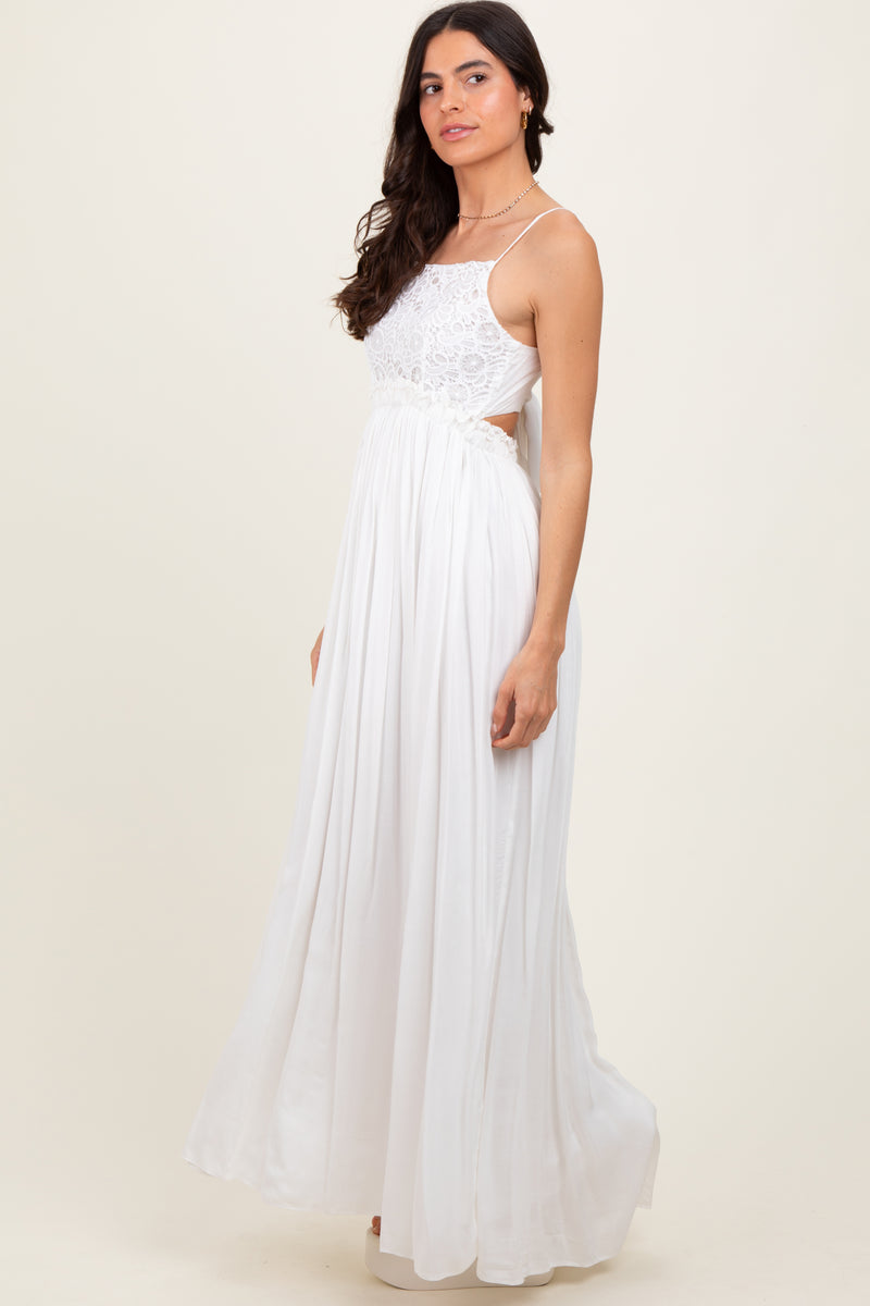 chinese dress ladies Momyknows White 2-in-1 Lace Cut Out Off Shoulder Tie Elegant Flowy Vacation Photoshoot Maternity Maxi Dress Short Sleeve / S main image 0