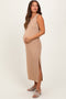 Light Taupe Jacquard Sleeveless Side Slit Maternity Midi Dress