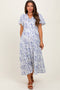 Blue Floral Button Up Tiered Maternity Midi Dress