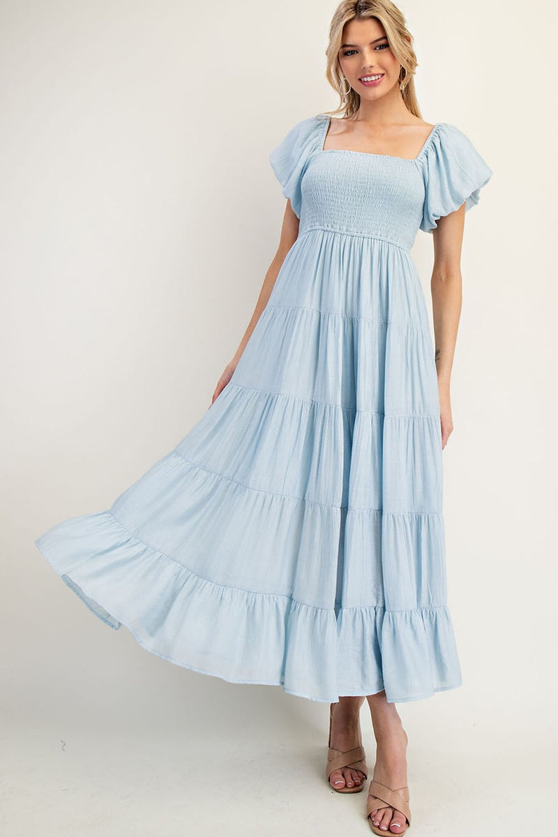 Light Blue Smocked Puff Sleeve Tiered Maxi Dress – PinkBlush