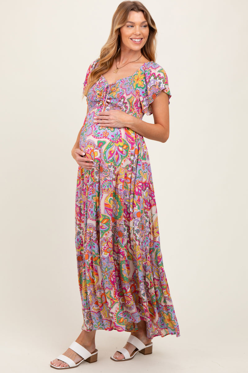 Light Pink Floral Smocked Plus Maternity Maxi Dress main image 0