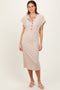 Beige Solid Ribbed Short Sleeve Button Down Knit Midi Dress