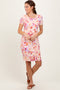 Peach Floral Short Sleeve Ruched Dress