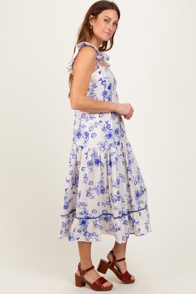 Navy Floral Ruffle Dress with Patterned Waist Tie