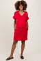 Red Brushed Rolled Short Sleeve V-Neck Maternity Dress