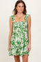 Green Printed Smocked Ruffle Strap Dress