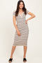Cream Striped Ribbed Henley Fitted Midi Dress