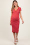 Red Striped Ribbed Henley Fitted Maternity Midi Dress