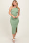 Light Olive Striped One Shoulder Side Slit Midi Dress