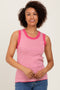 Pink Striped Knit Scallop Trim Sleeveless Top