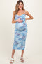 Light Blue Floral Ruched Low Tie Back Maternity Midi Dress