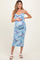 Light Blue Floral Ruched Low Tie Back Maternity Midi Dress