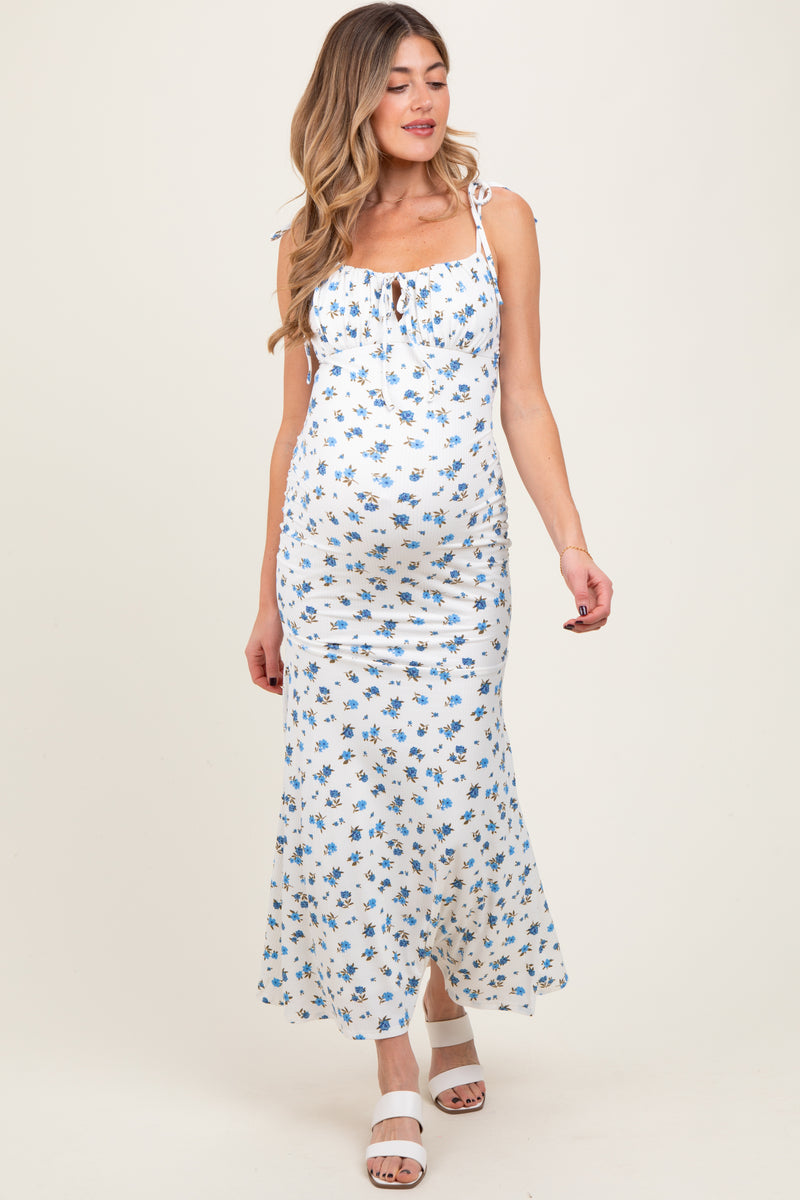 Women Floral Printed Blue Pure Cotton Flared Maternity Maxi Dress