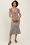 Beige Striped Front Tie Lace Trim Fitted Midi Dress