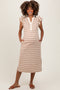 Camel Multi-Striped Button Up Ruffle Sleeve Maternity Midi Dress