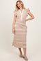 Camel Multi-Striped Button Up Ruffle Sleeve Midi Dress
